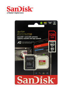 memoria sandisk extreme microsd, 128gb, uhs-i u3,con adaptador sd.